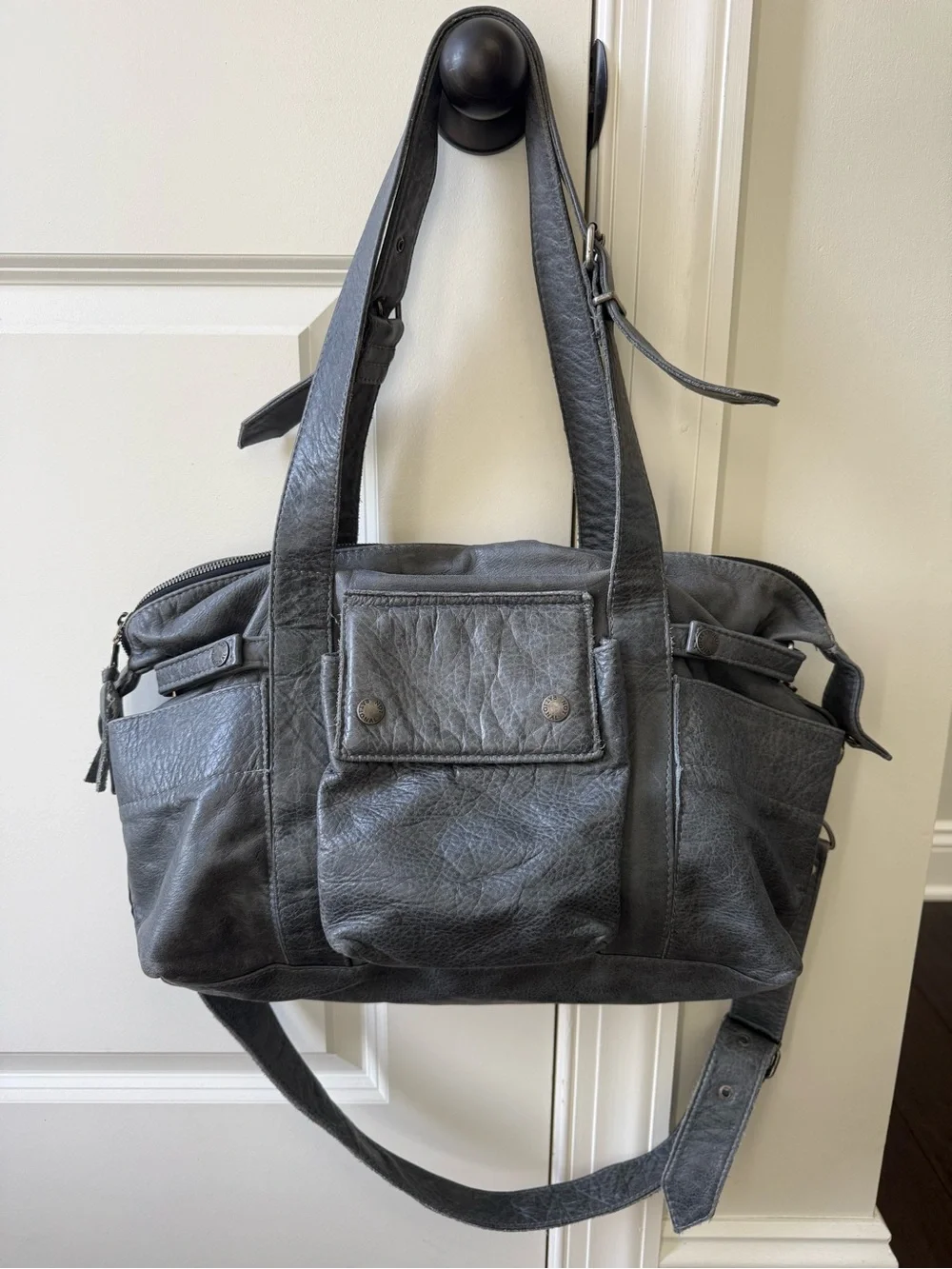 NOT RATIONAL Hansel premium distressed leather diaper bag in charcoal gray